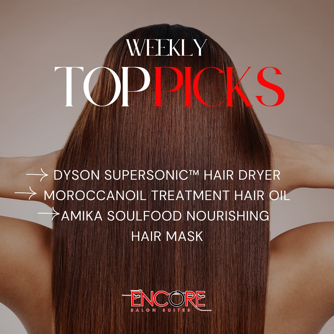 Ready to elevate your hair game? Check out our top picks for this week:

Dyson Supersonic™ Hair Dryer: This innovative dryer measures hair temperature 40 times per second, regulating heat to protect and preserve your hair’s health. Say goodbye to heat damage! 💨✨

Moroccanoil Treatment Hair Oil: Infused with essential fatty acids, antioxidants, vitamin E, and Argan Oil, this treatment hydrates and revitalizes your locks, giving you that perfect shine and softness. 🌿💧

Amika Soulfood Nourishing Hair Mask: Need deep hydration? This mask will leave your hair smooth, shiny, and nourished for days! 🧴💖

We want to hear from you! Comment below with your favorite hair products of the week. 👇

#mariettabarber #woodstockbarbers #sandyspringsstylist #salonsuitesatlanta #atlantasalonspace #mariettasalonsuites #atlsalonsuite #woodstockGA #encoresalonsuites #mariettaesthetician #woodstockmua #mariettahairsalon #woodstock #mariettarental #encoresalonsuitesmarietta #sandyspringsmassagetherapist #mariettamua #mariettastylist #mariettabarbers #mariettastylists #atlaesthetician #atlhair #atlbraids #woodstockstylists #sandyspringsmuas