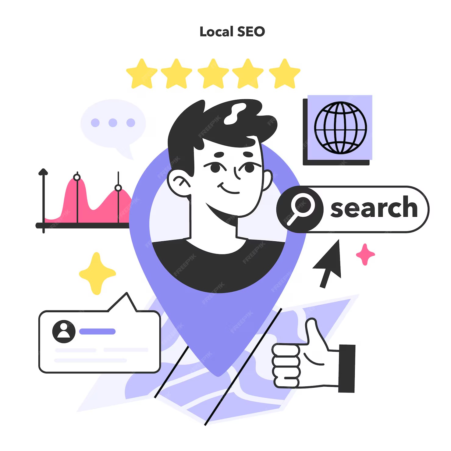 Local SEO illustration with a five-star rating, map pin, and search bar showing how Marietta salon suites owners get found through a Google Business Profile.